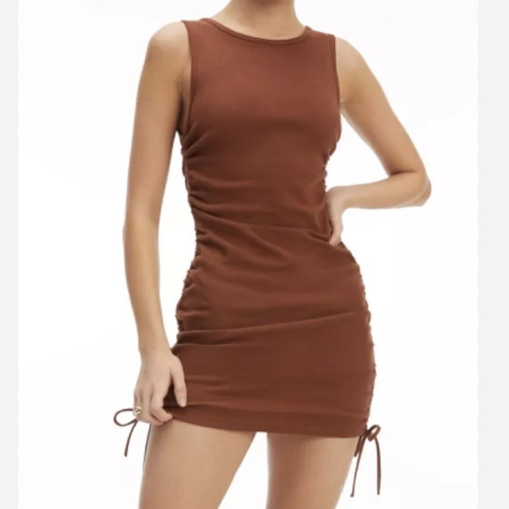 Good American Cotton Ruched Tank Dress in Tortoise Shell US 6 NEW MSRP $129